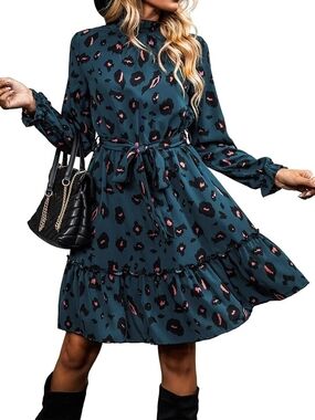 Teal Leopard Print Long-Sleeve Ruffle Dress